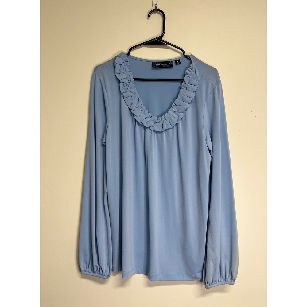 Susan Graver Women's Light Blue Ruffle Neckline Blouse Size‎ M